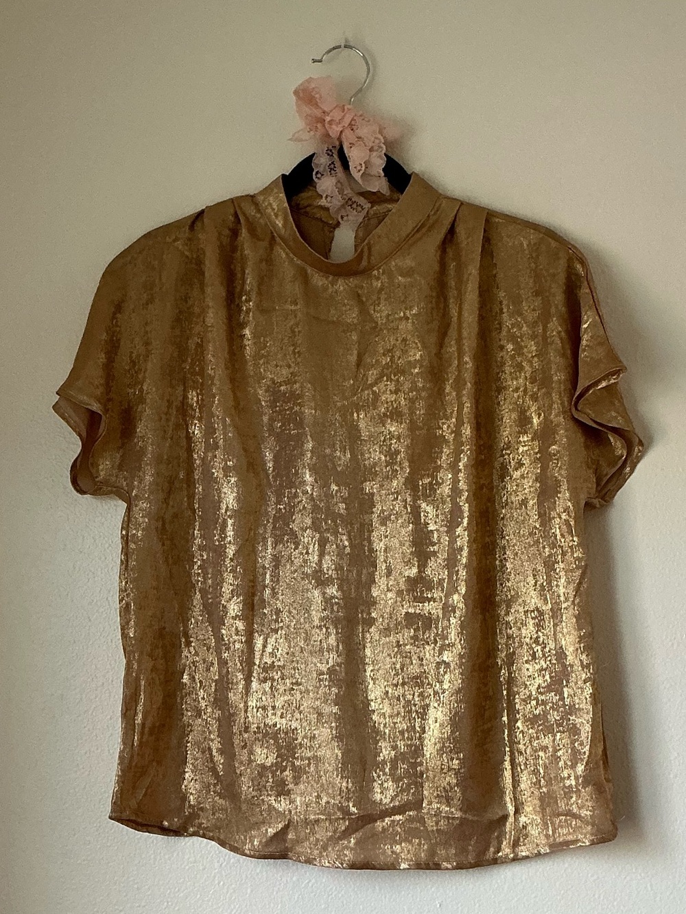 SHEIN Gold Metallic Mock Neck Short Sleeve Top